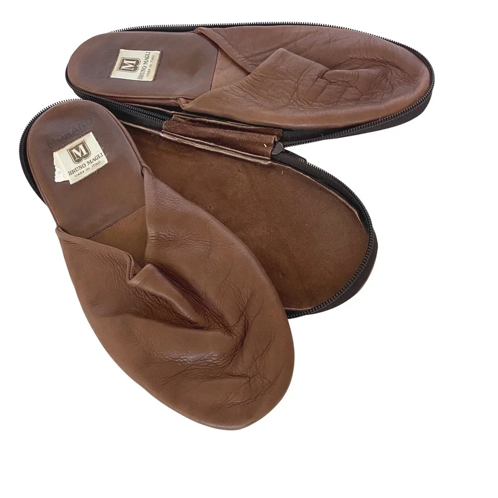 Bruno Magli Morano Mens Brown Leather Travel Slippers with Zipper Pouch Size 11